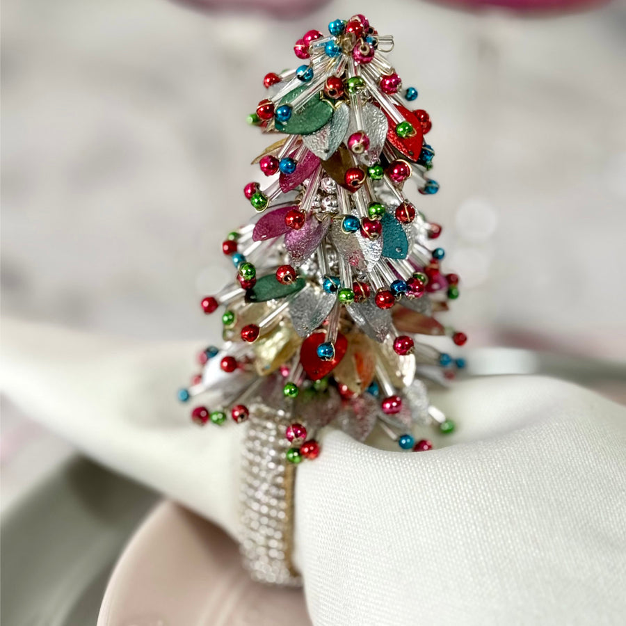 An image of Bodrum Christmas Tree Pink & Turquoise Set of 4 Napkin Ring