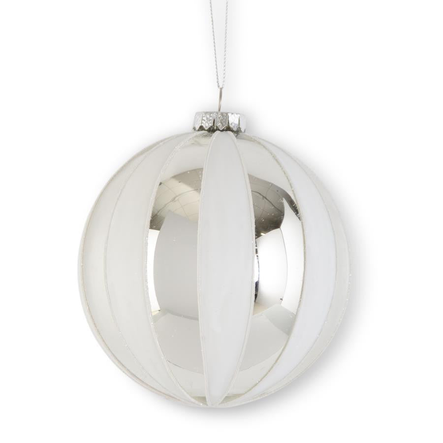 K & K  White & Silver Round Striped Glass Ornament