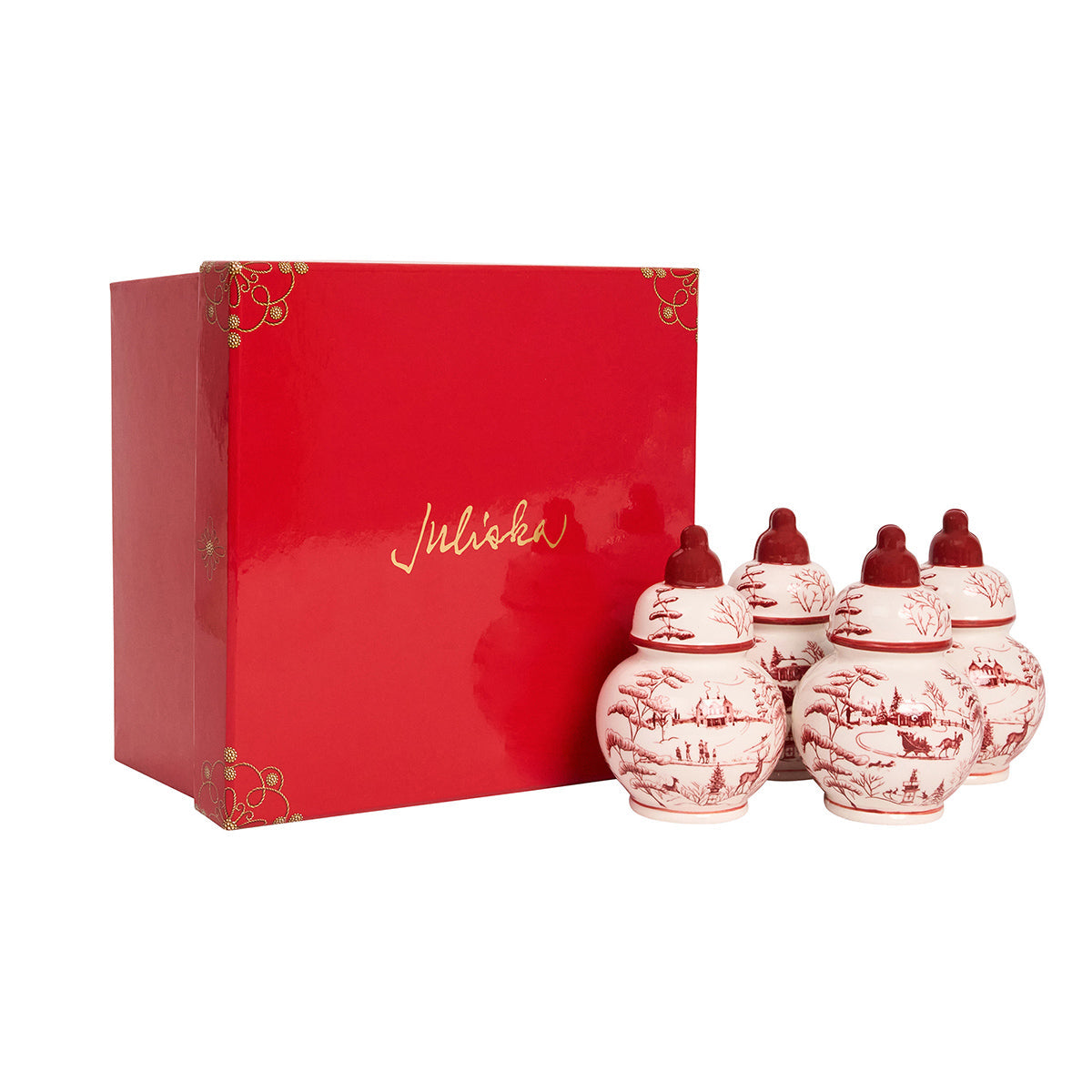 An image of Juliska Country Estate Winter Frolic Ginger Jar Place Card Holder Set of 4 - Ruby