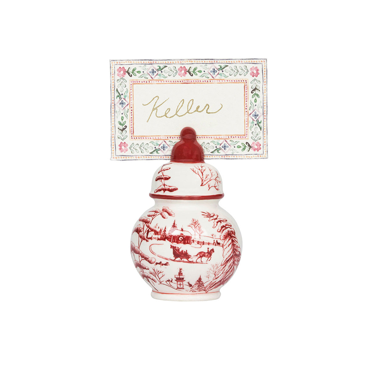 An image of Juliska Country Estate Winter Frolic Ginger Jar Place Card Holder Set of 4 - Ruby