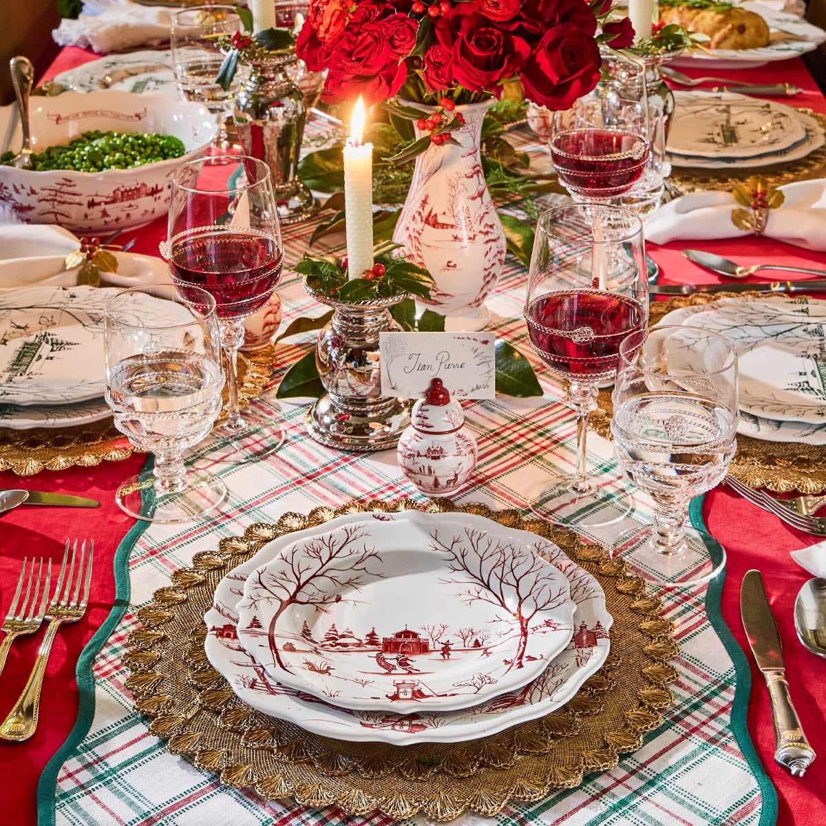 An image of Juliska Country Estate Winter Frolic Ginger Jar Place Card Holder Set of 4 - Ruby