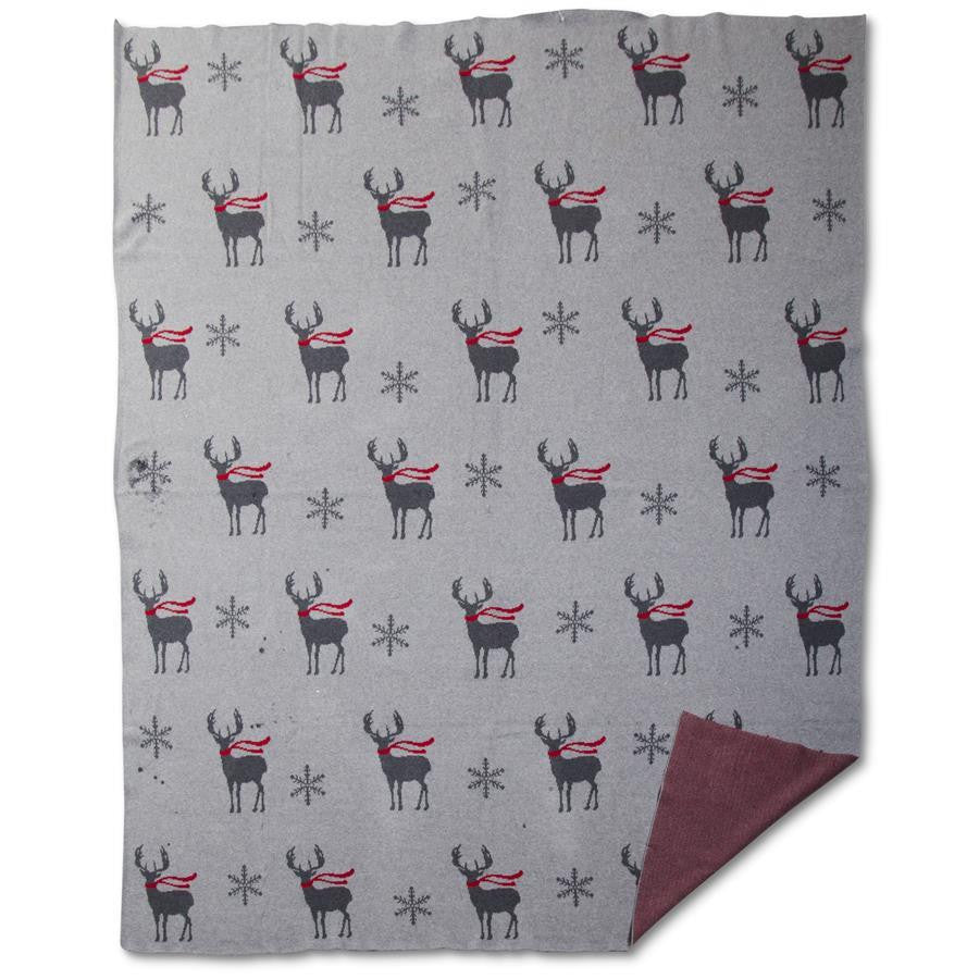 K & K Gray Cotton Knit Throw with Deer & Snowflake