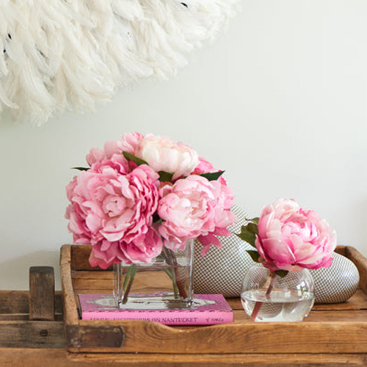 An image of Diane James Pink Peony blossom in glass bowl - 7"d x 7"h