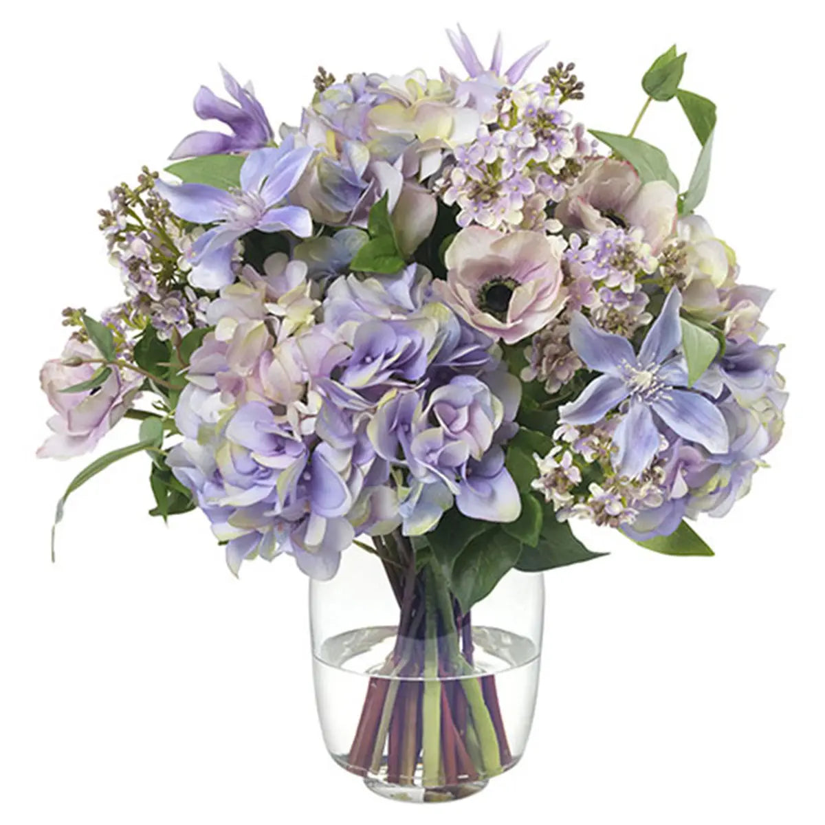 Diane James Lavender Hydrangea and Lilacs in Vase set on a mantel in a room