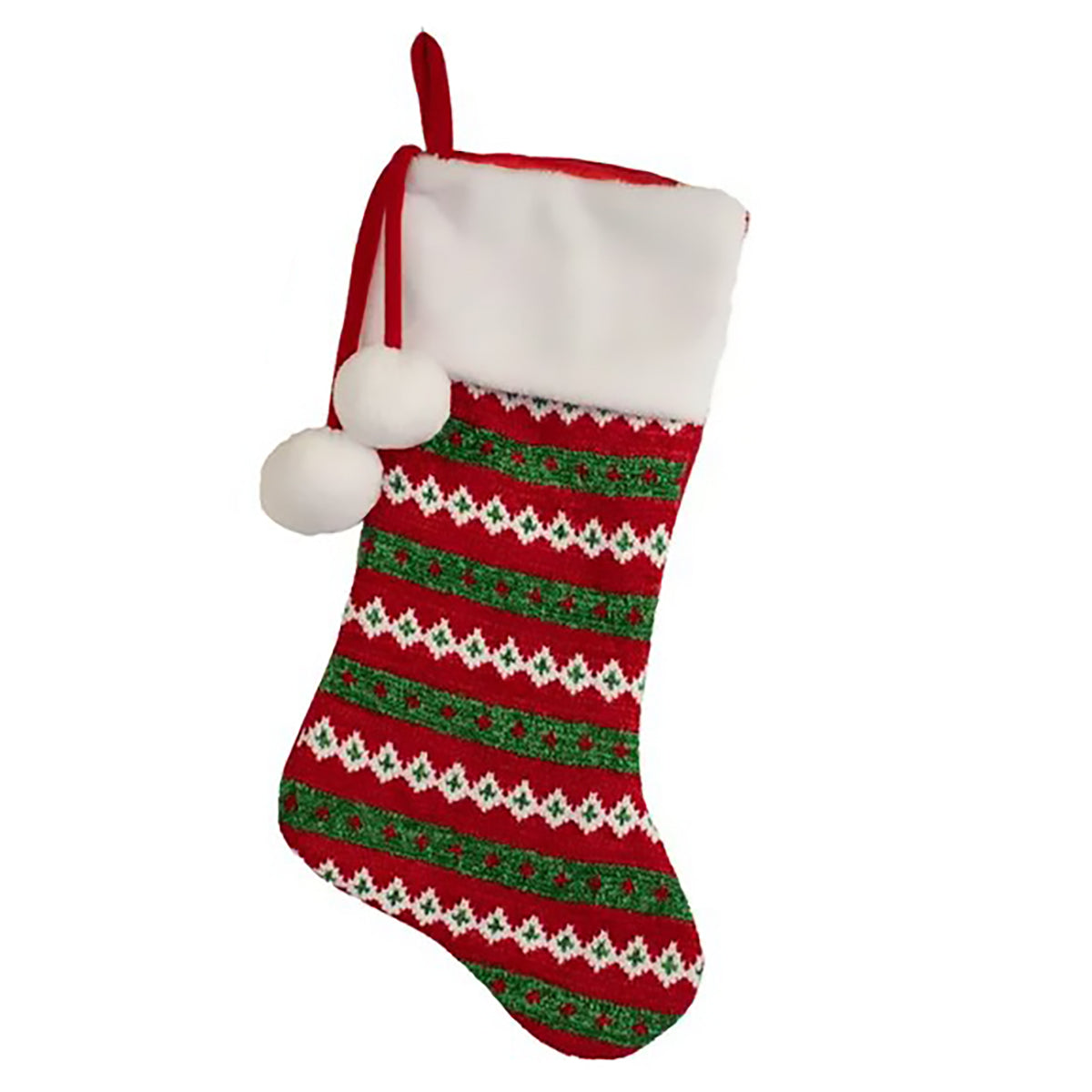 Kurt Adler White Cuff Knit Stockings with Pom Poms