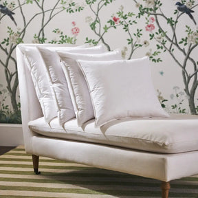 Scandia Home Scandia Pillow Insert side by side on a lounger in a room with floral wallpaper