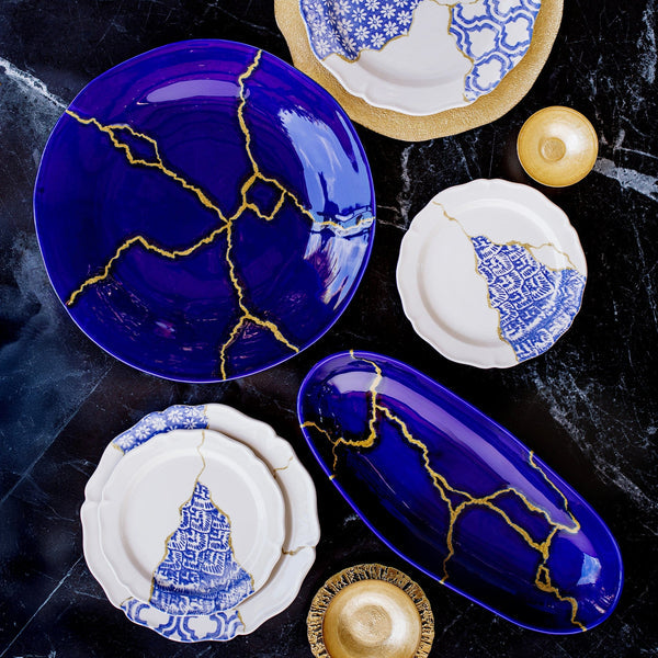 An image of Vietri Storia Blue and Gold Oval Platter