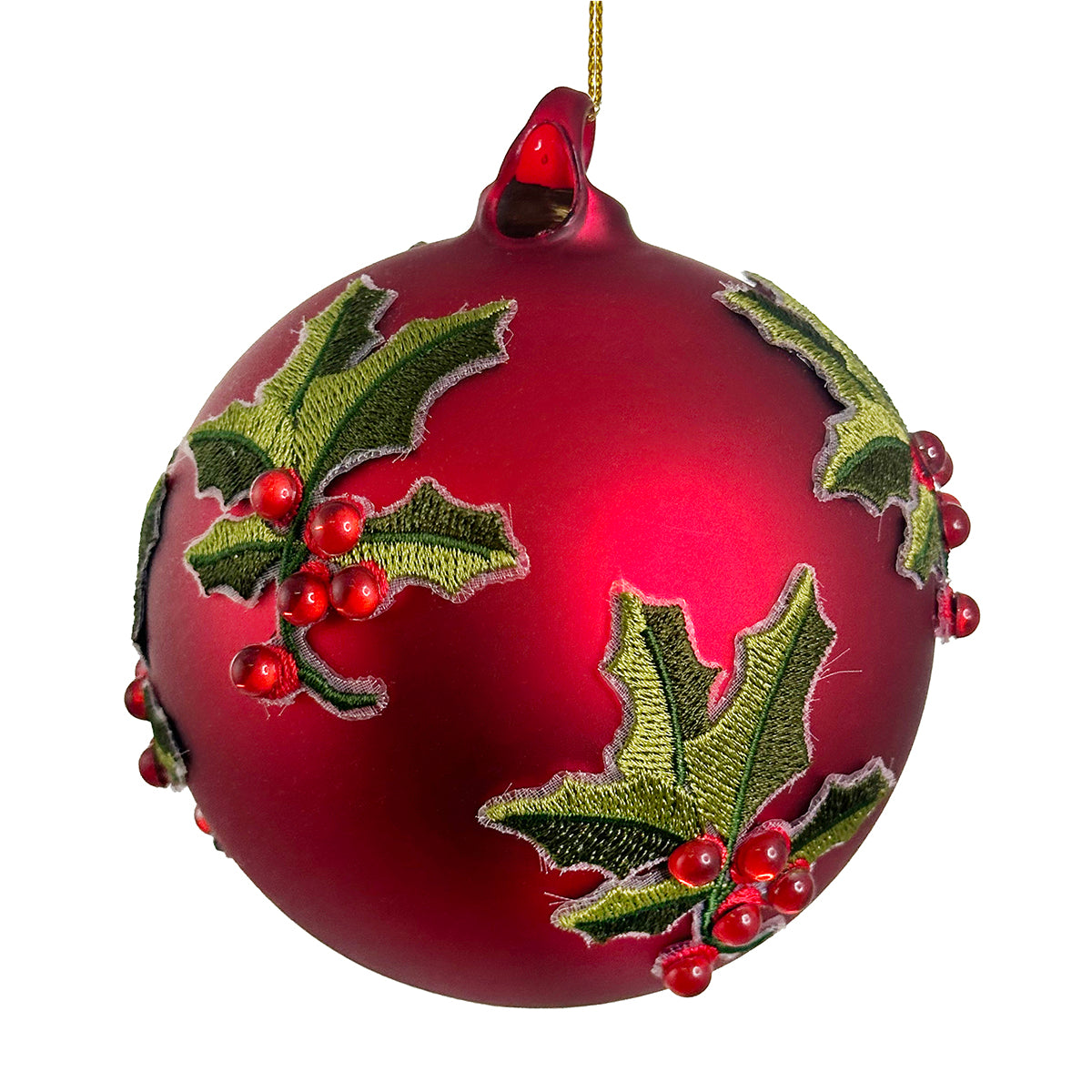 An image of Shishi Glass Red with Green Holly Ball Ornament