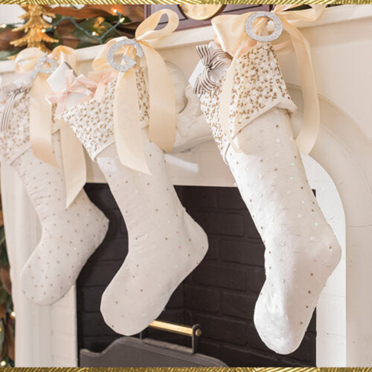 An image of Arcadia Home White with Sequins Velvet Stocking