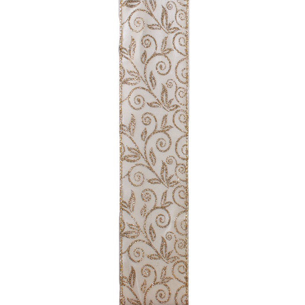 An image of Kurt Adler Ivory Gold Glittered Double Wire Ribbon - 4in, 10yd