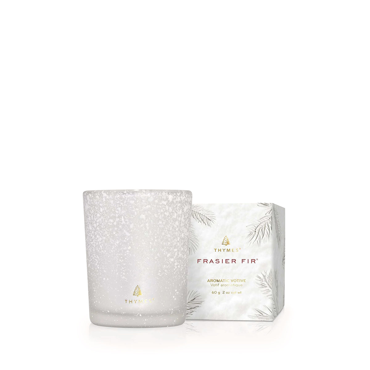 An image of Thymes Frasier Fir Flocked Votive Candle 2 oz