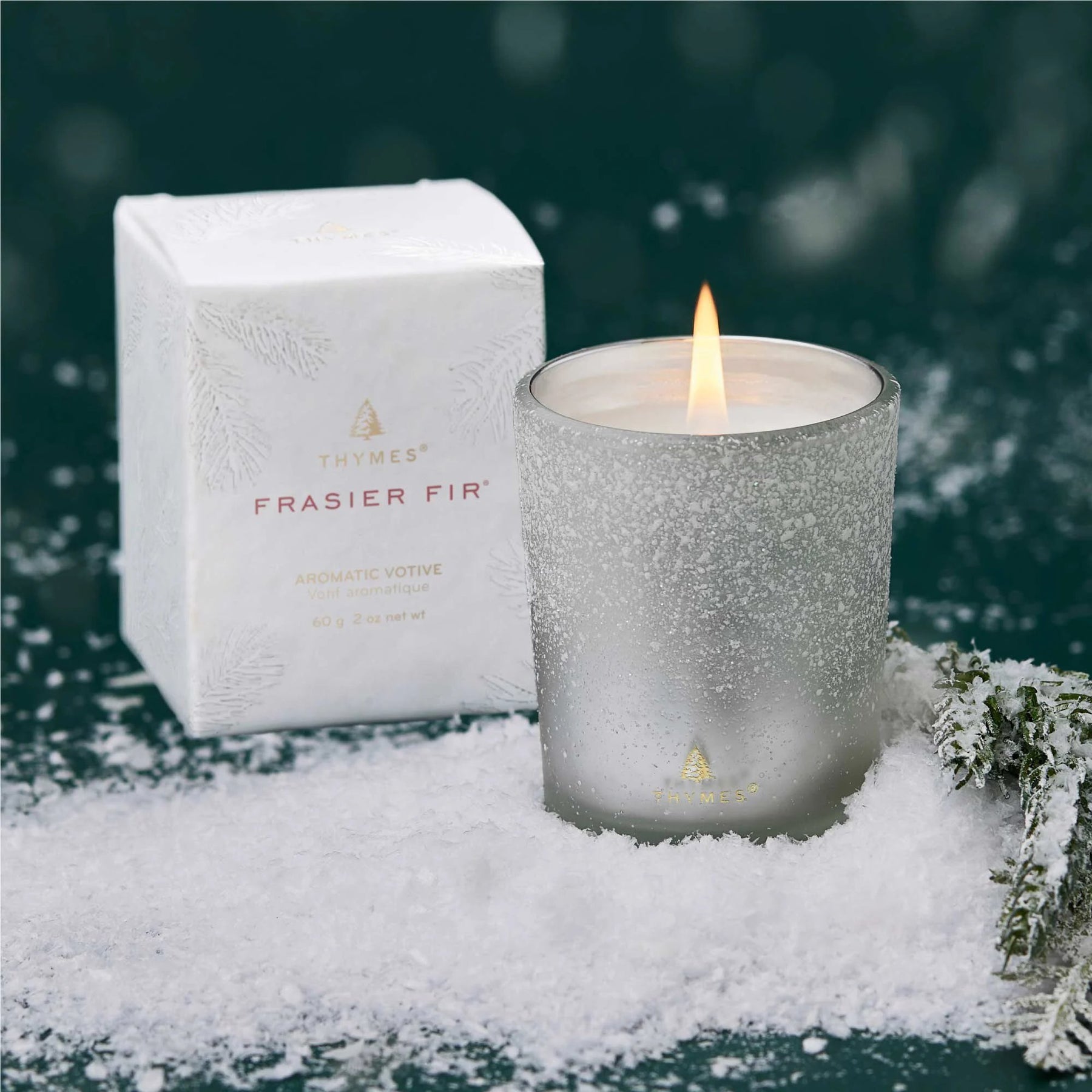 An image of Thymes Frasier Fir Flocked Votive Candle 2 oz