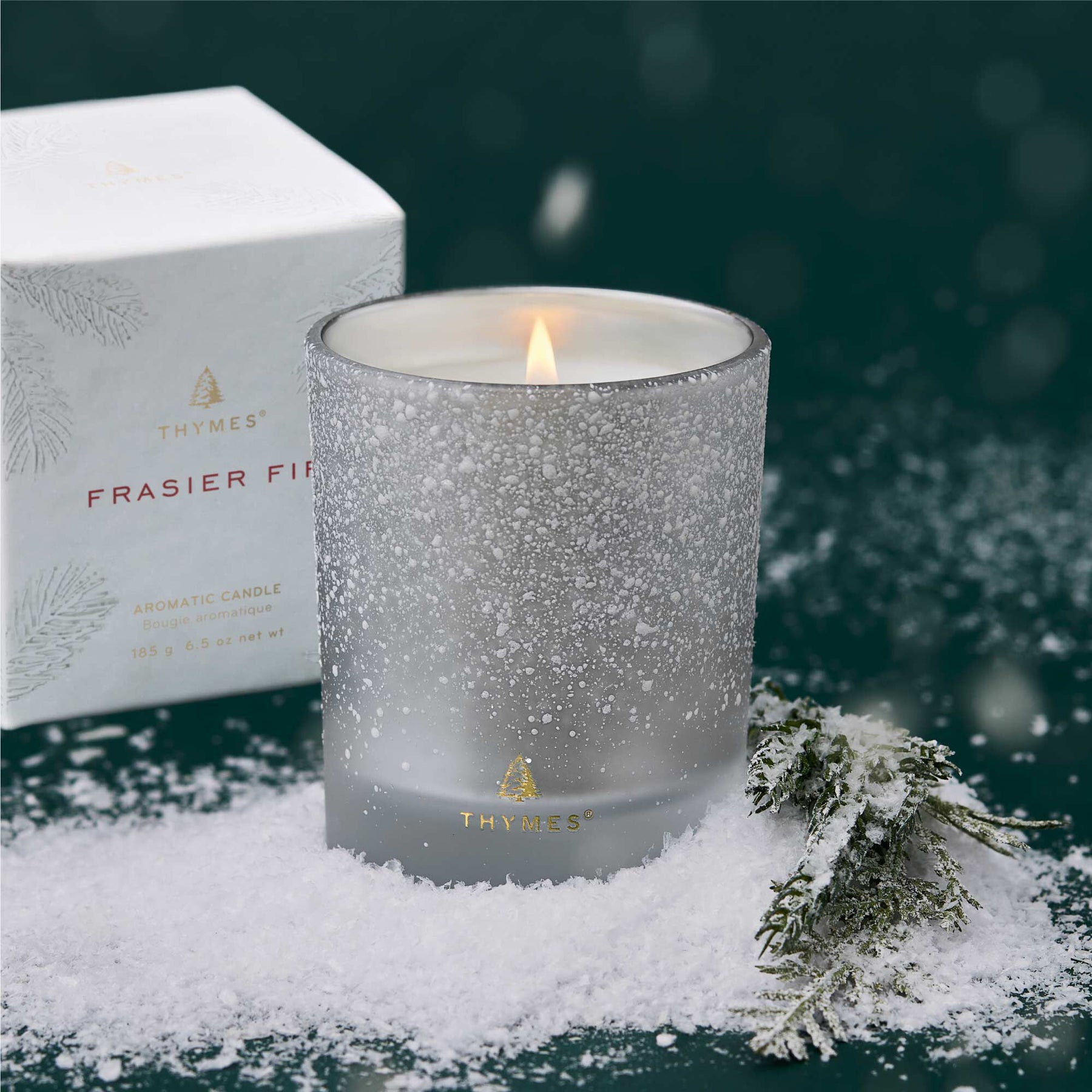 An image of Thymes Frasier Fir Flocked Candle 6.5 oz