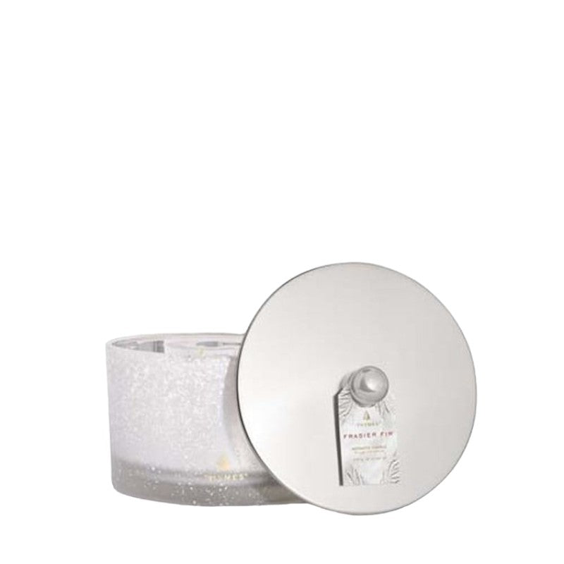 An image of Thymes Frasier Fir Flocked 3-Wick Candle 18 oz