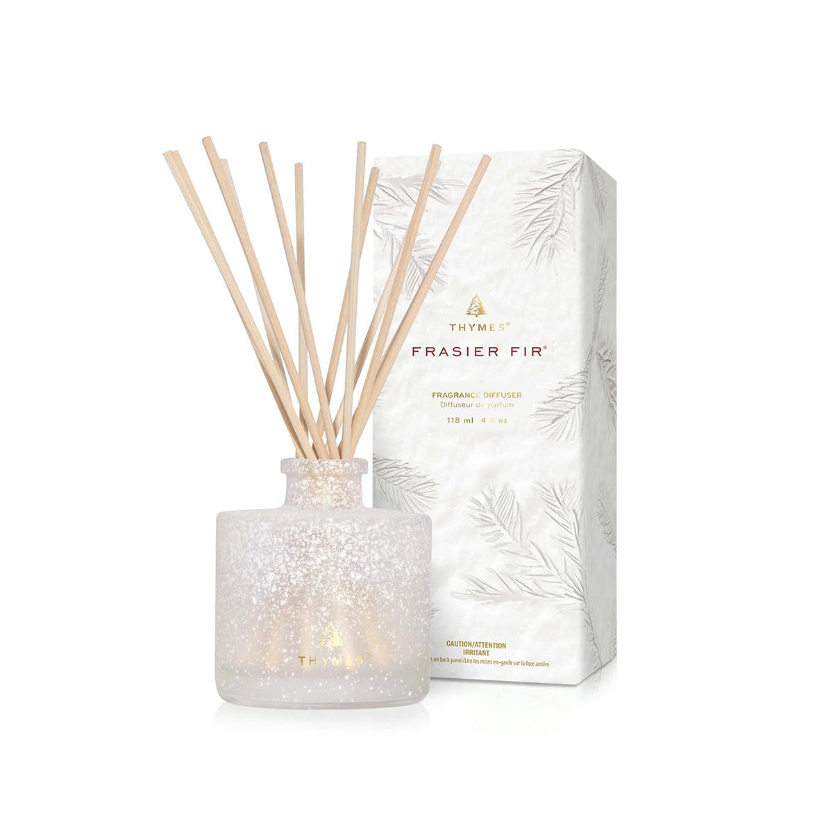 An image of Thymes Frasier Fir Flocked Petite Reed Diffuser 4 fl oz
