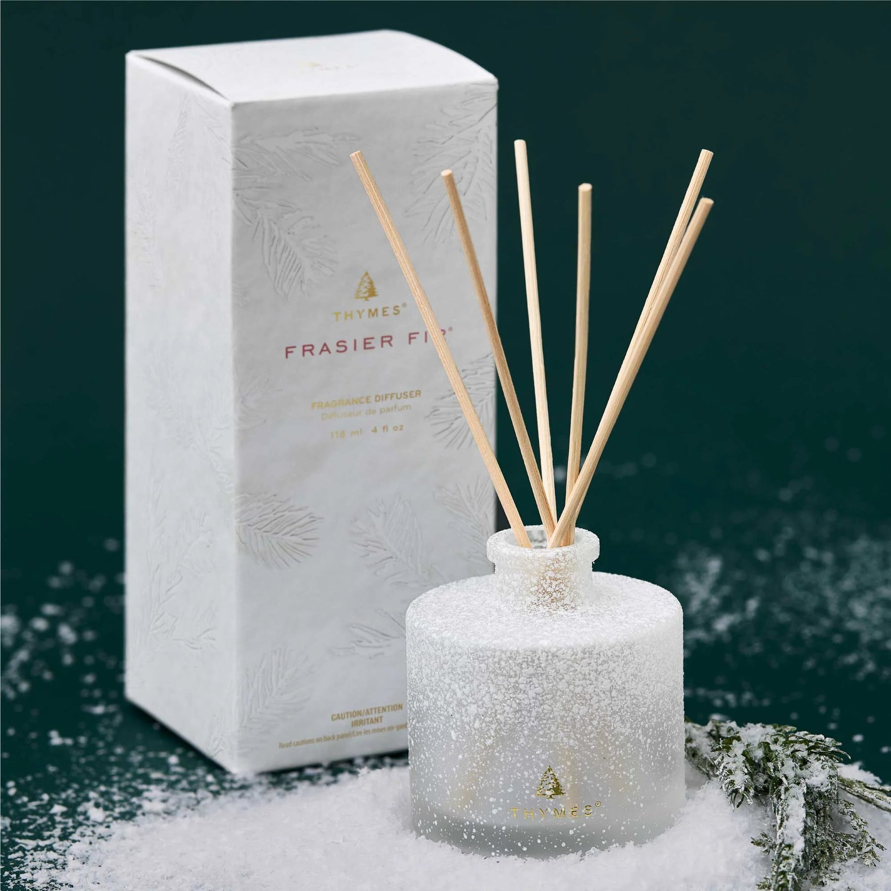 An image of Thymes Frasier Fir Flocked Petite Reed Diffuser 4 fl oz