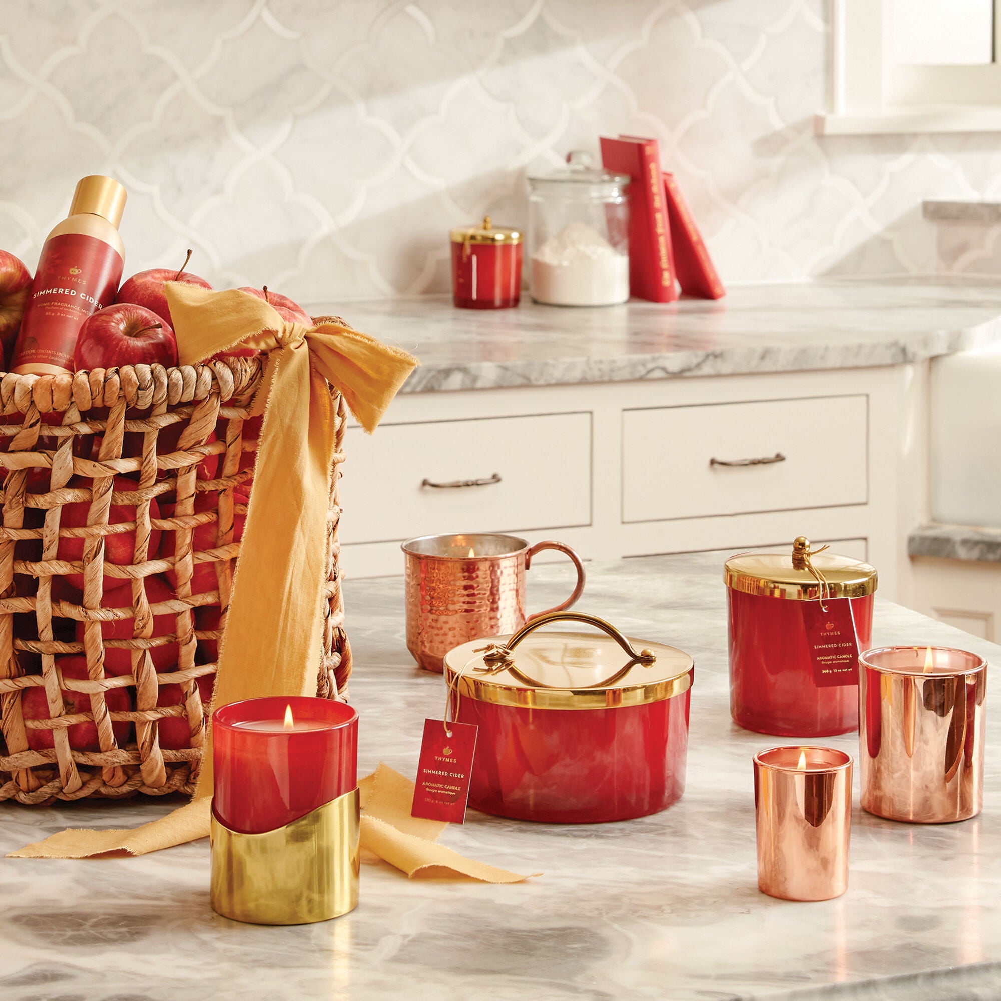 Thymes Simmered Cider Harvest Red Medium Candle with Sleeve 8.5 oz