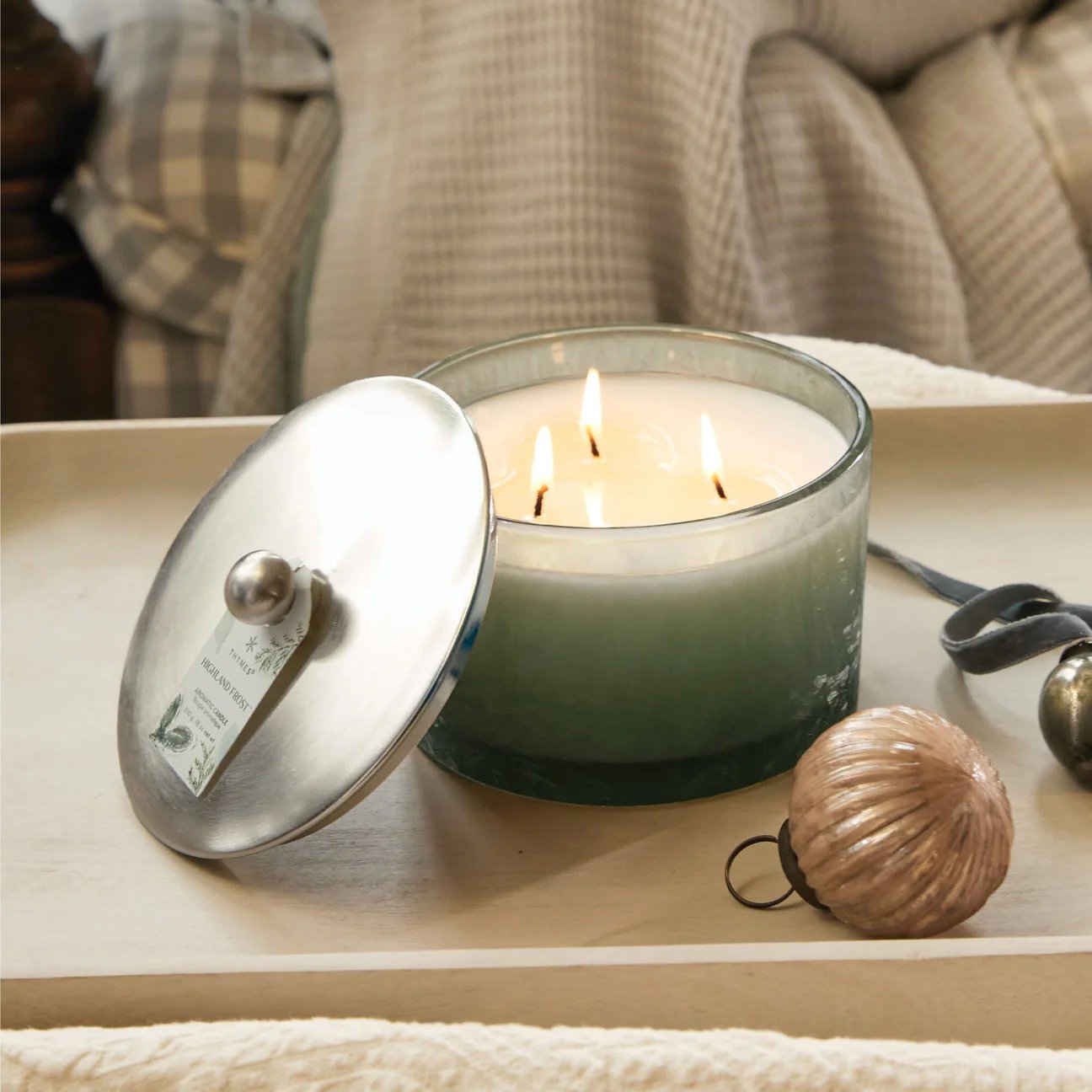 An image of Thymes Highland Frost Large Poured 3 Wick Candle 18 oz