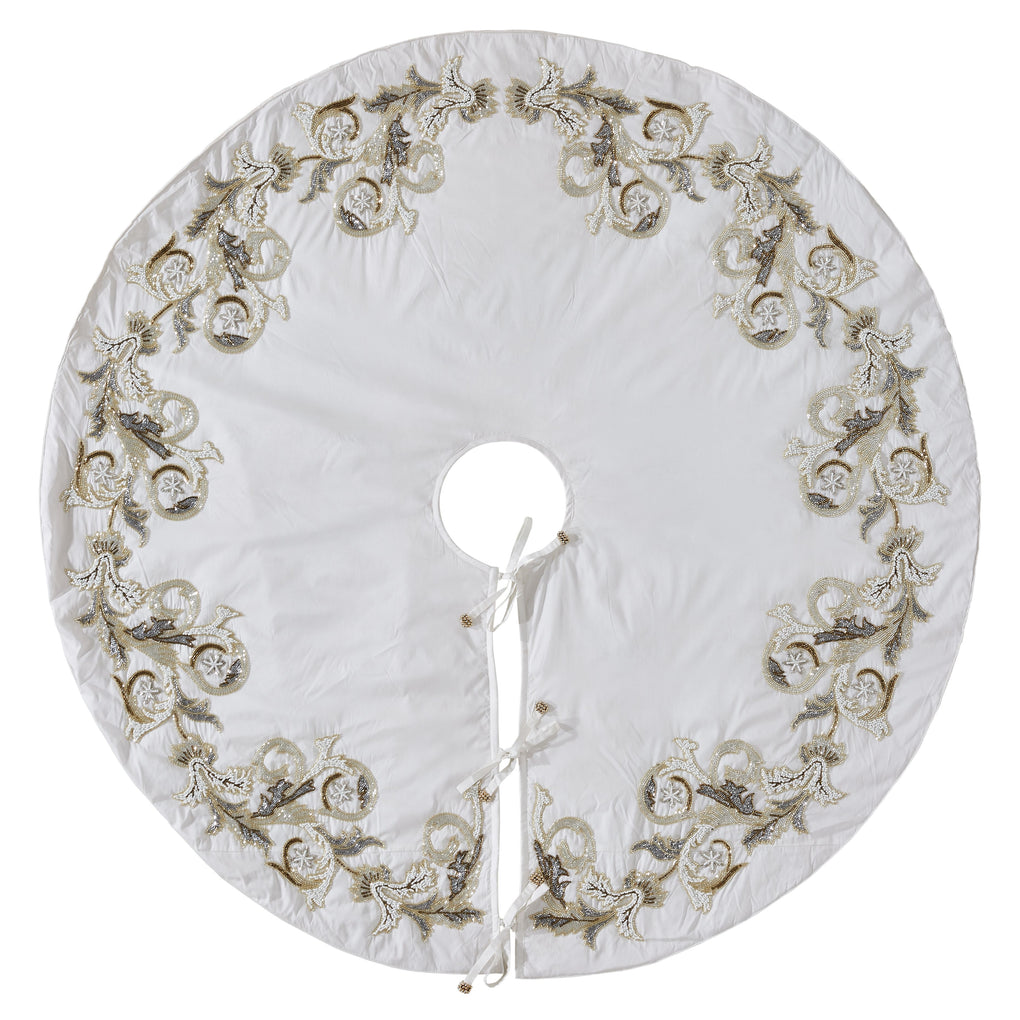 An image of Arcadia Imperial Hand Beaded Christmas Tree Skirt - Cream