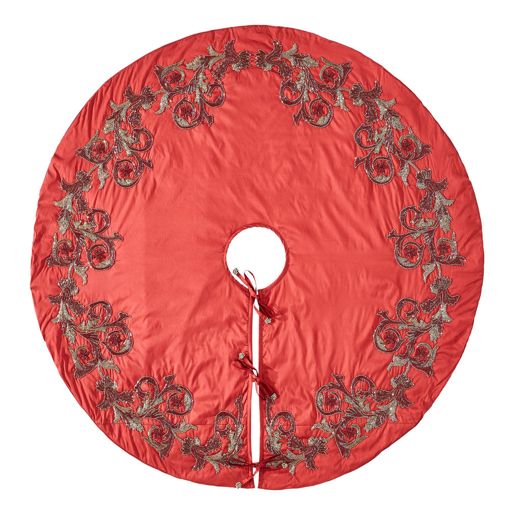 An image of Arcadia Imperial Hand Beaded Christmas Tree Skirt - Red