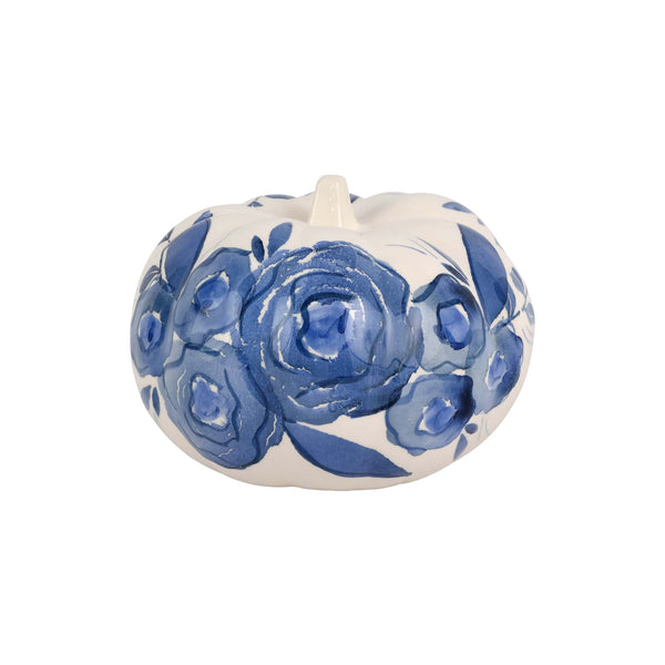 An image of Viva by Vietri Blue Camellia Figural Pumpkin