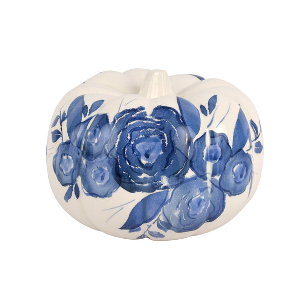 An image of Viva by Vietri Blue Camellia Figural Pumpkin