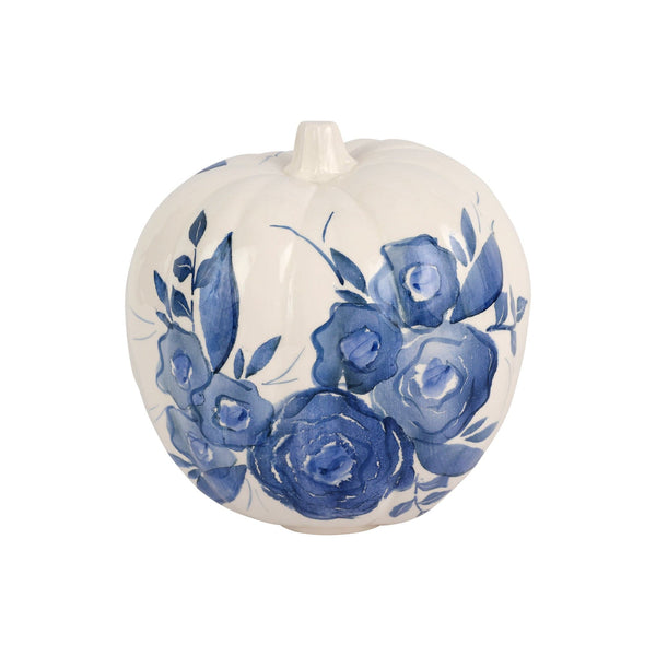 An image of Viva by Vietri Blue Camellia Figural Pumpkin