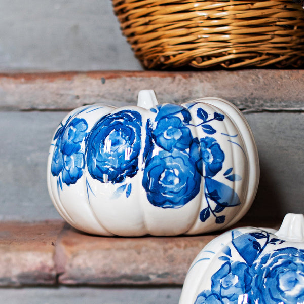 An image of Viva by Vietri Blue Camellia Figural Pumpkin