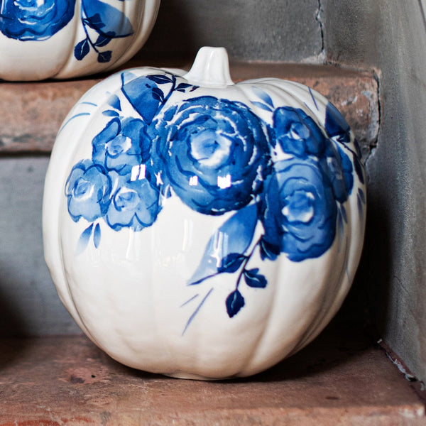 An image of Viva by Vietri Blue Camellia Figural Pumpkin
