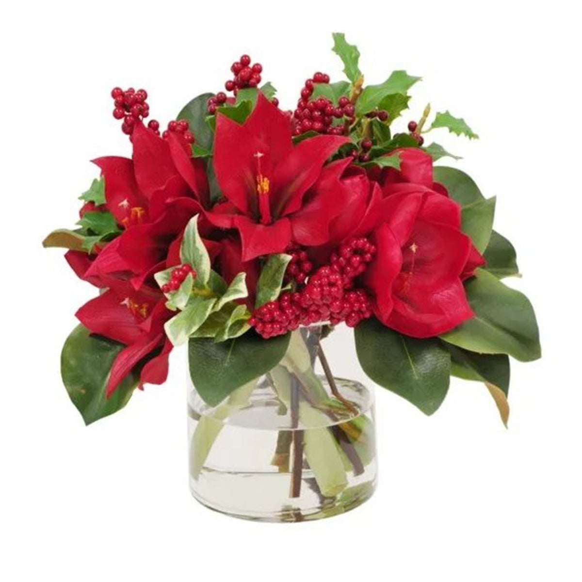 An image of Winward Amaryllis and Holly in Vase