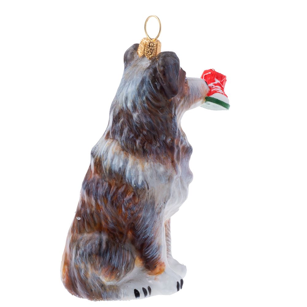 An image of Joy to the World Australian Shepherd with Red & Green High Top Sneaker Ornament