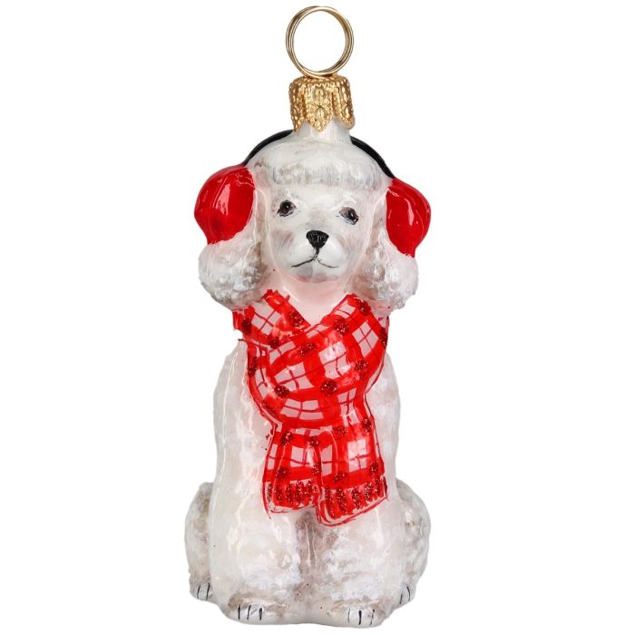 Joy to the World White Poodle with Bushy Scarf and Ear Muffs Ornament