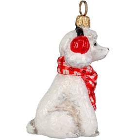 Joy to the World White Poodle with Bushy Scarf and Ear Muffs Ornament