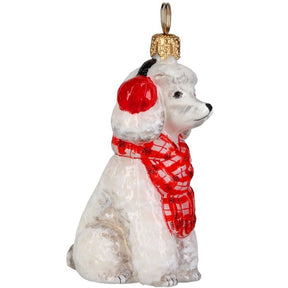 Joy to the World White Poodle with Bushy Scarf and Ear Muffs Ornament