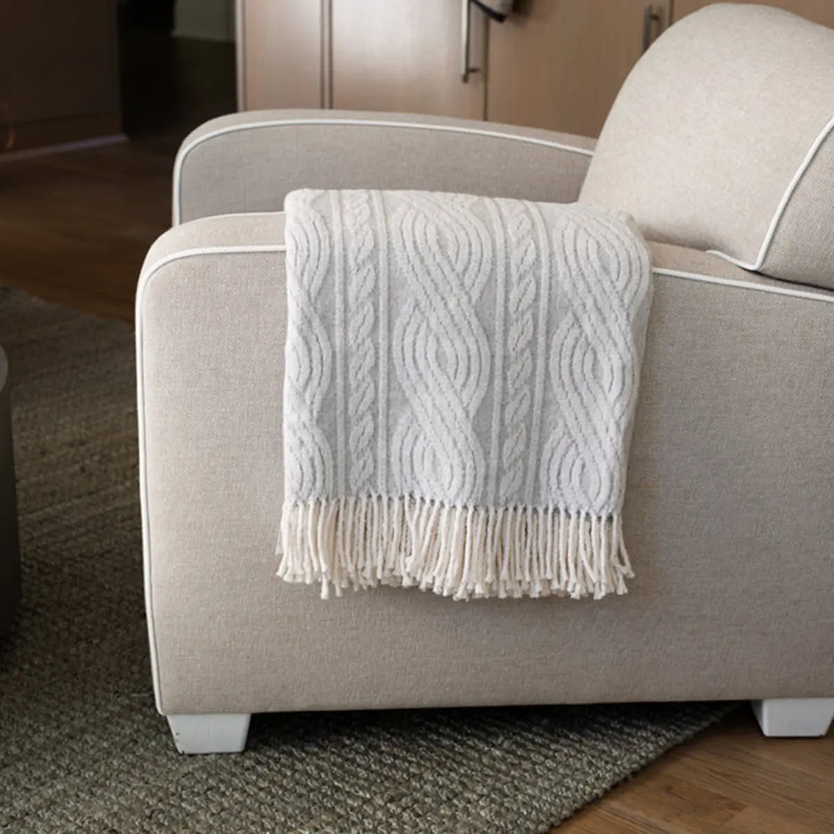 A Soft Idea Large Cable Print Throw with Fringes - Light Grey
