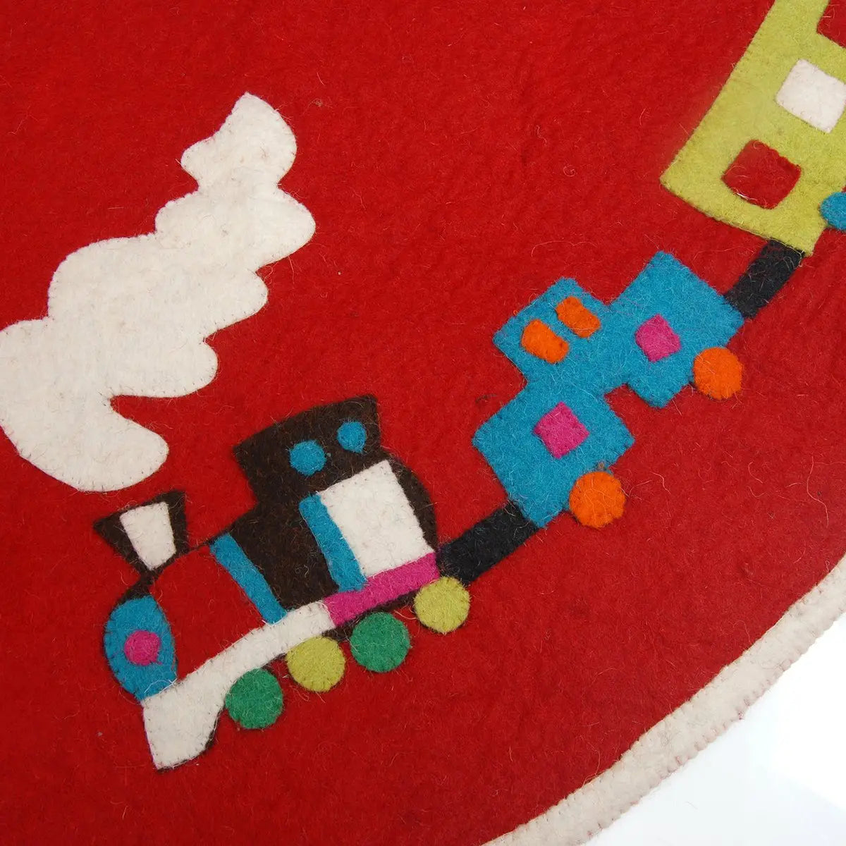 Arcadia Home Handmade Toy Train on Red Christmas Tree Skirt in Felt - 60 in