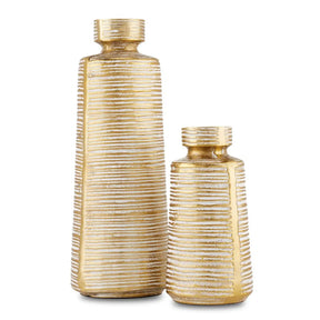 Currey & Company Kenna White Vase set of 2. One large, one small vase in gold with white stripes