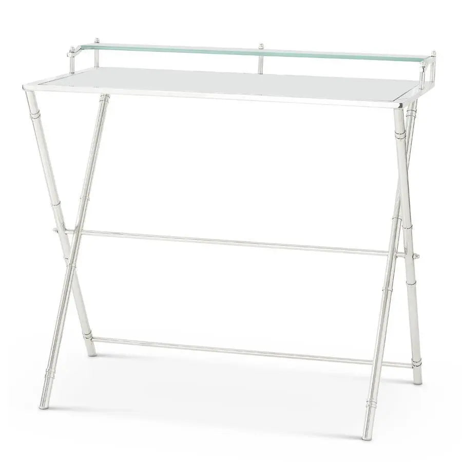 K & K Interiors 35 in Modern Silver Writing Desk with Glass Top