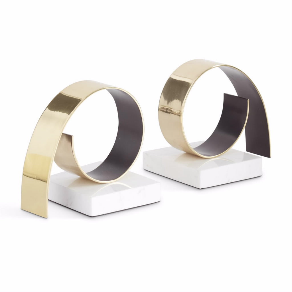 K&K 8" Gold Metal Coil & White Marble Bookends