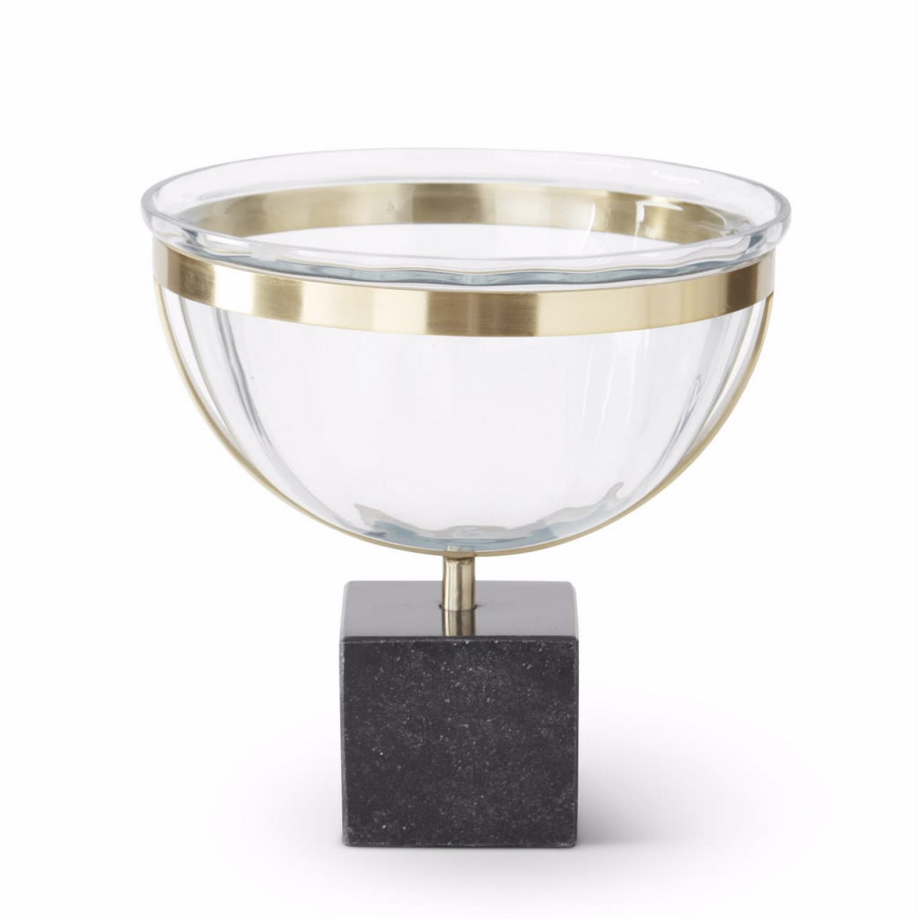 K&K 9.25" Clear Glass Compote in Gold Frame on Square Marble Base