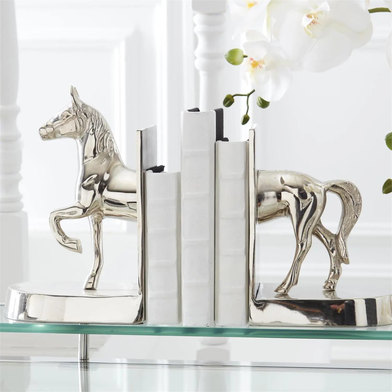 K & K Interiors  10 Inch Polished Silver Metal Horse Bookends