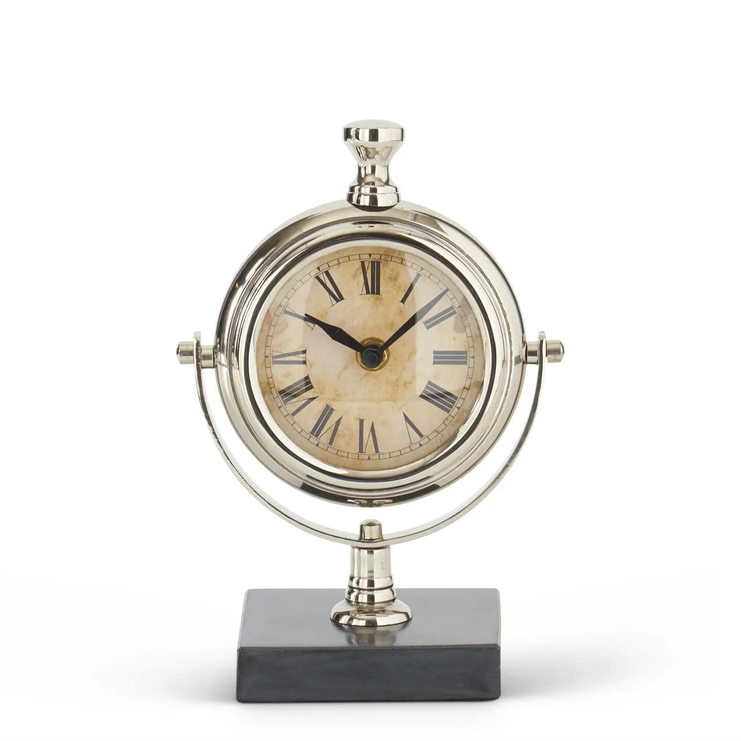K & K Interiors  9 Inch Round Silver Metal Table Clock with Square Black Marble Base