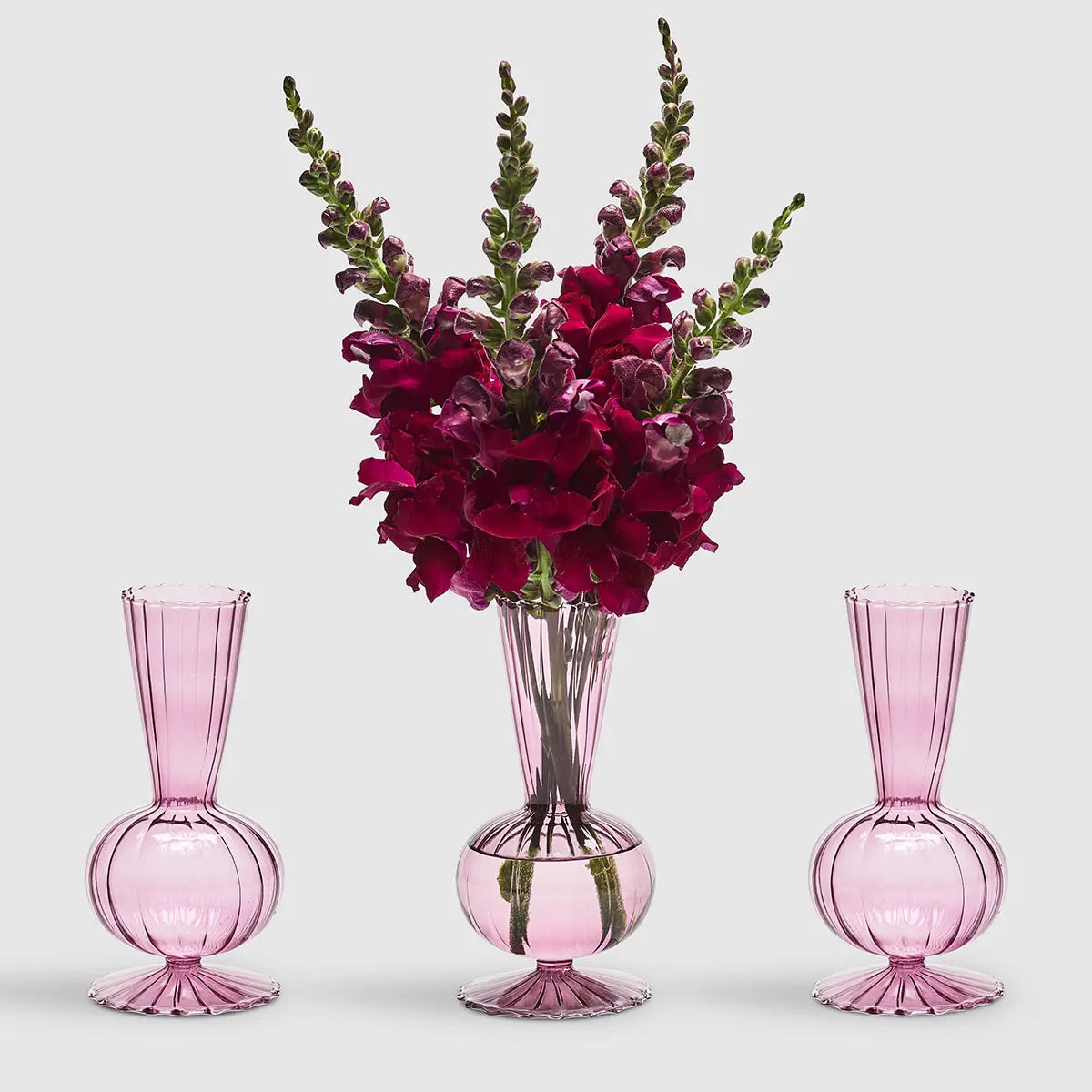 3 Kim Seybert Tess Bud Lavender Vases with flowers
