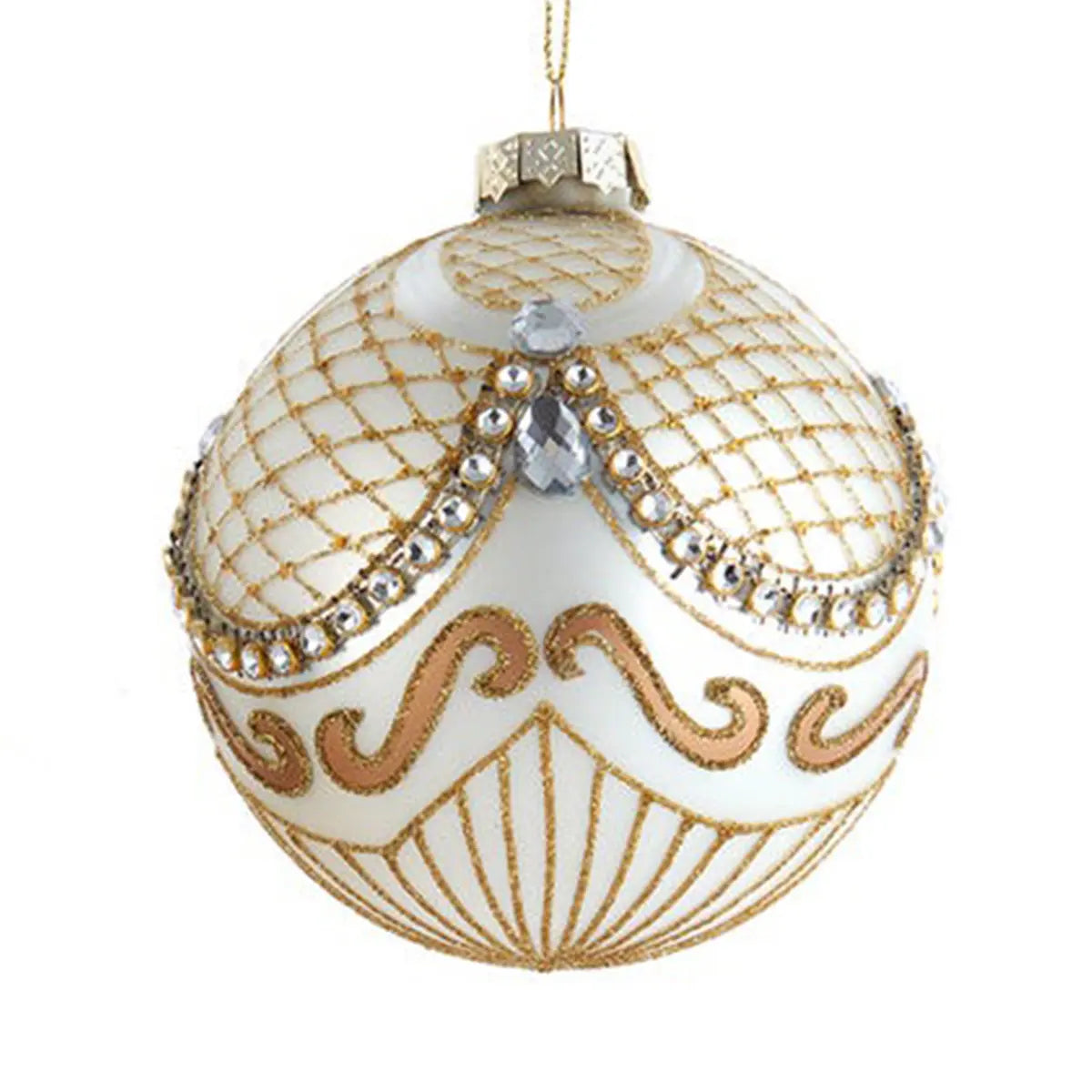 Kurt Adler 4in Glass Ivory & Gold Pattern Ball, Set of 2 Ornament