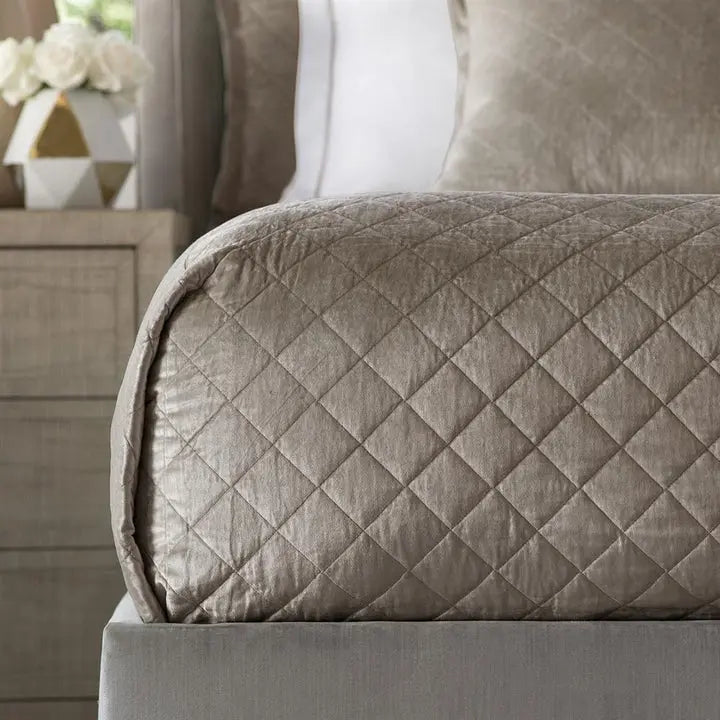 Lili Alessandra Chloe Diamond Quilted Coverlet in Fawn Velvet on a Bed in a Room