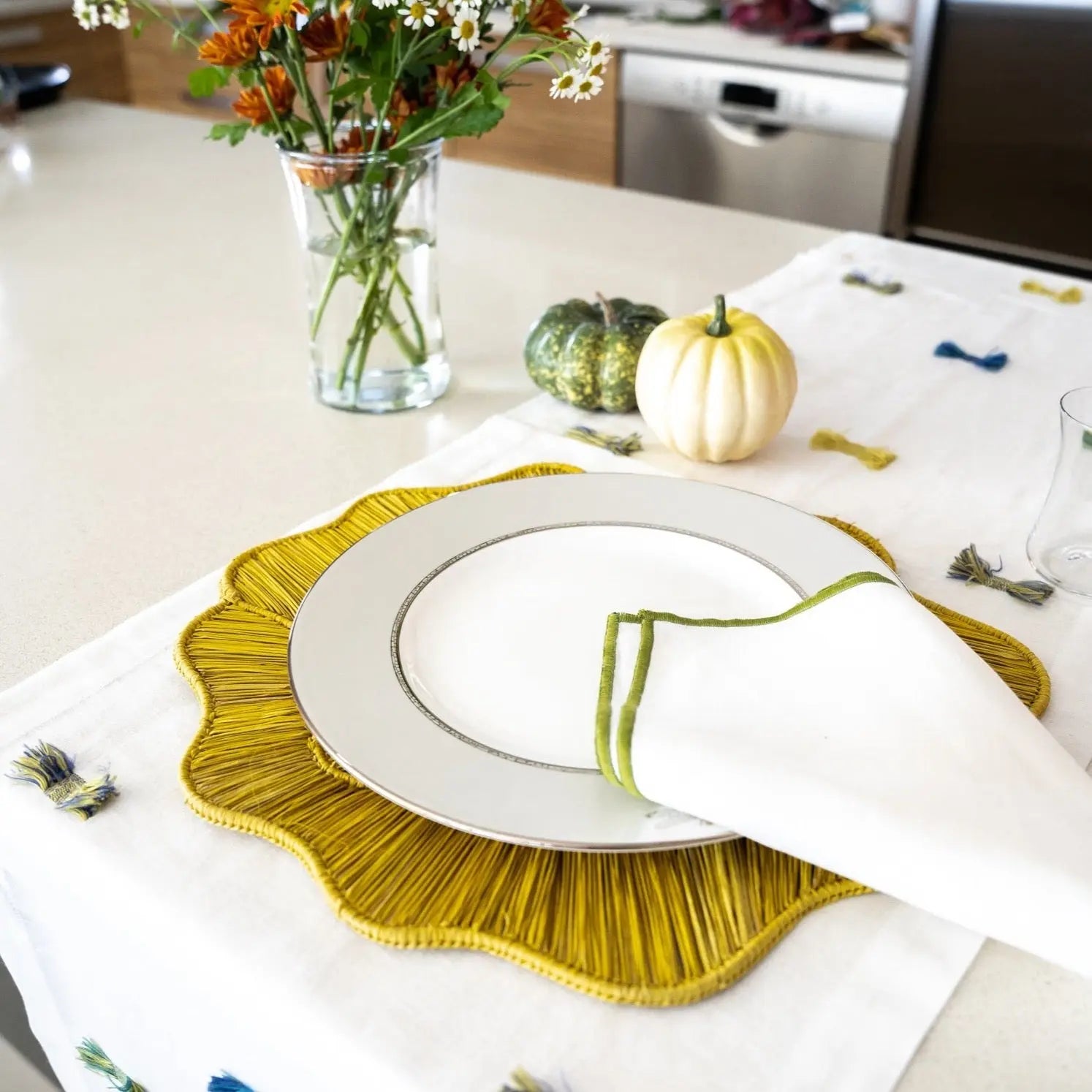Mode Living Ani Placemat 15" in Yellow set on a dining table