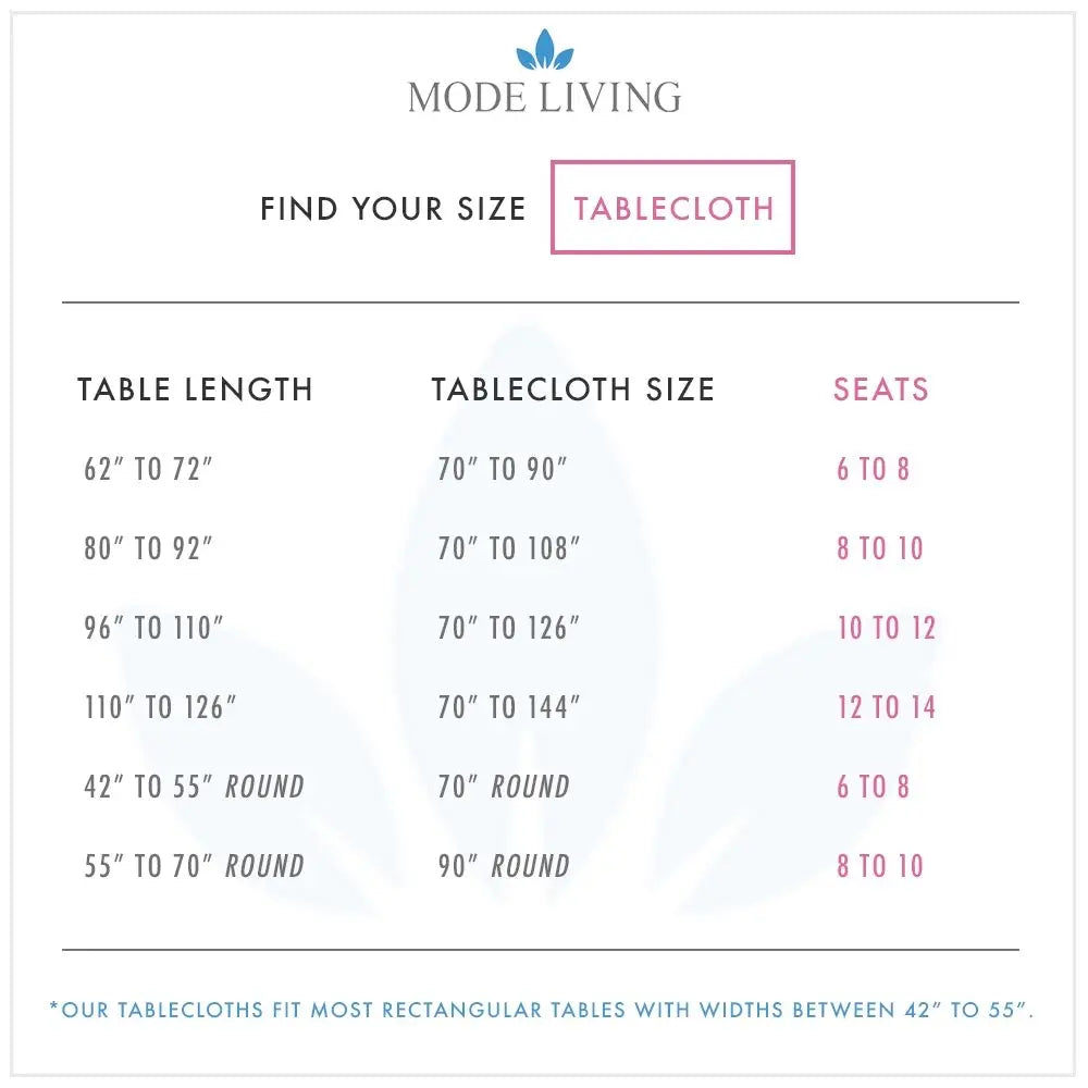 Chart of various size table clothes