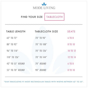 Chart of various size table clothes