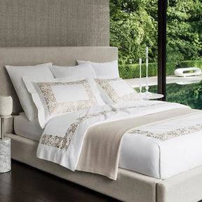 Sferra Saxon Bedding Collection in Champagne in a room