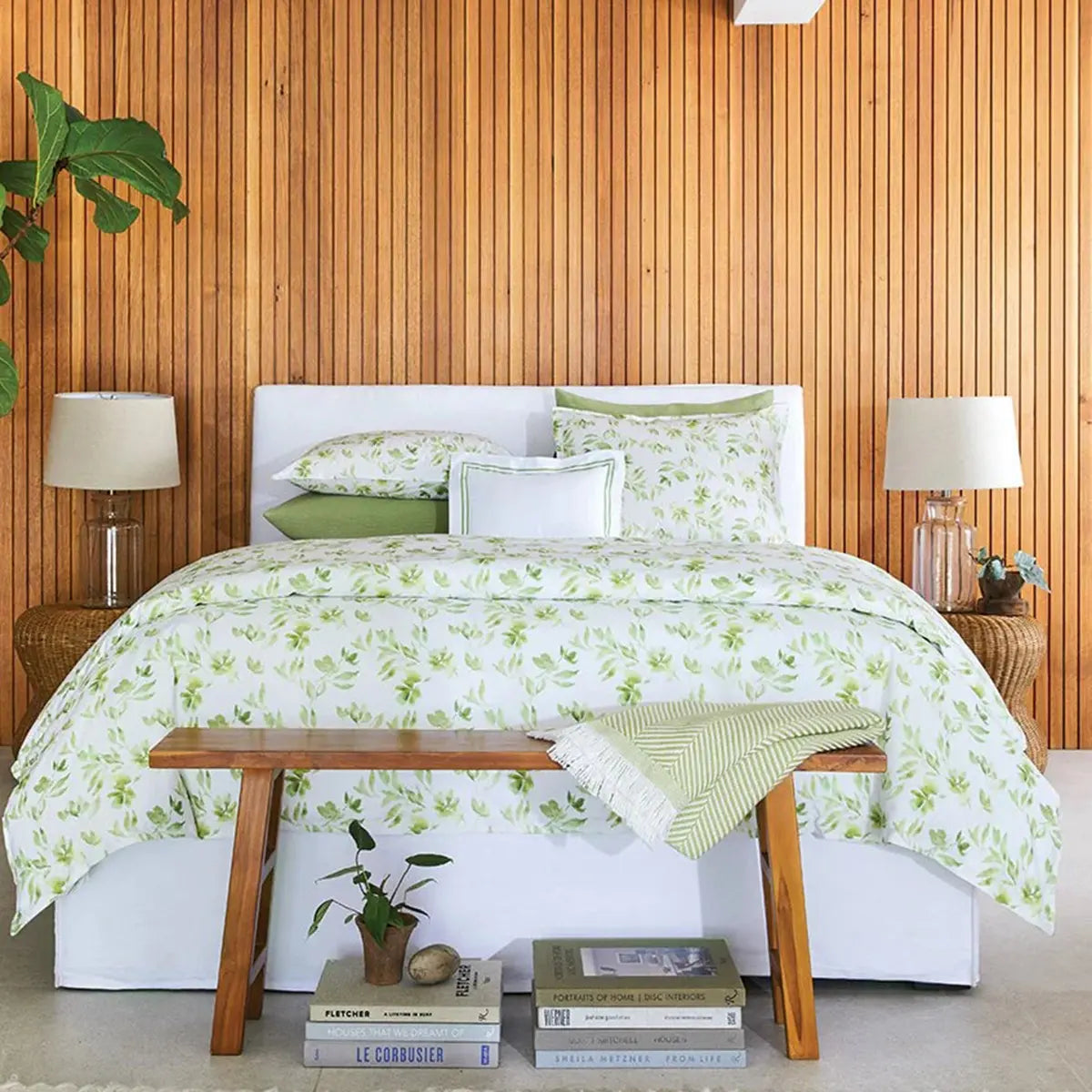 Sferra Procida Bedding collection in Kiwi in a room